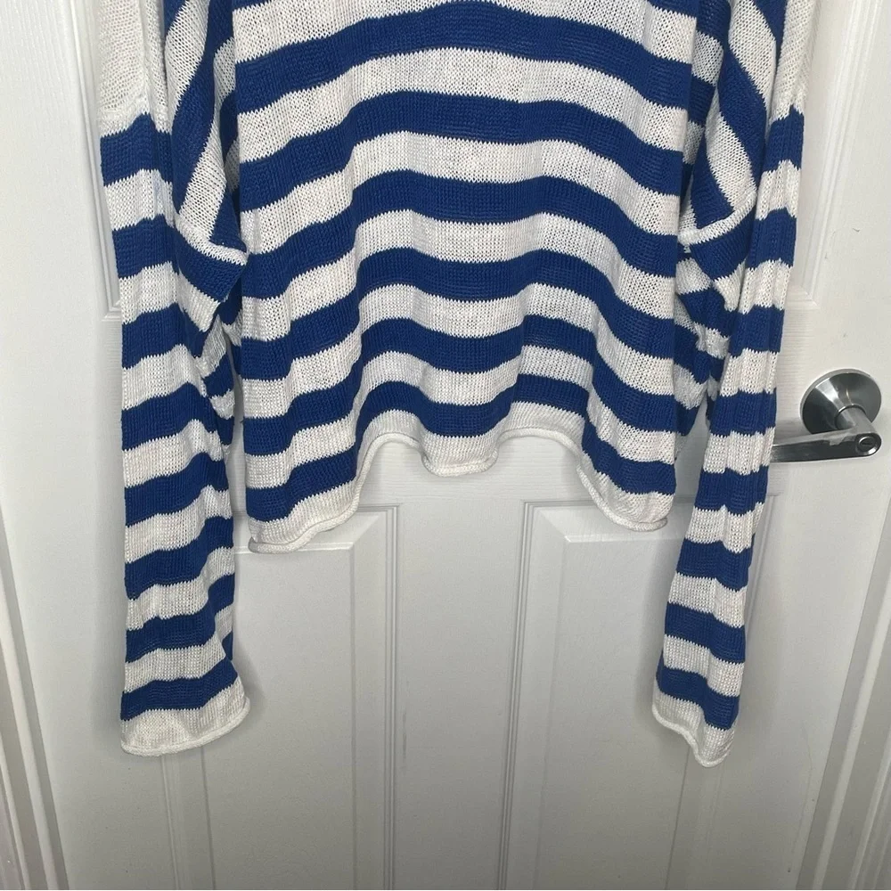 Madewell Linen V-Neck Sweater Beach Vacation Preppy in Sapphire Blue Stripe 2X